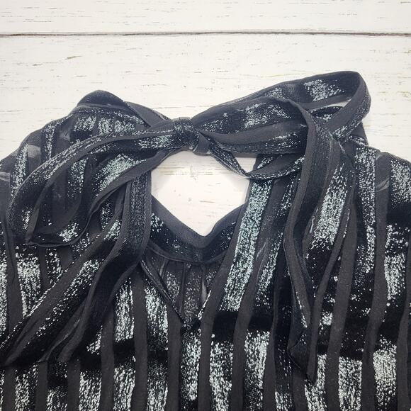 J.Crew Metallic Silk Blend Chiffon Mock Neck Top Black Stripe Tie Shirt Medium - Picture 6 of 9